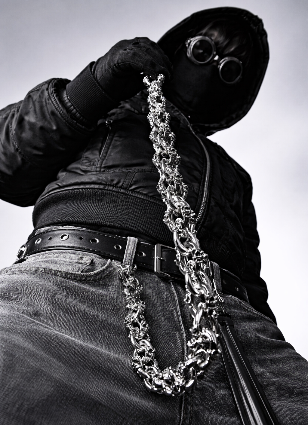 Person wearing a black outfit with a chain and sunglasses on a plain background